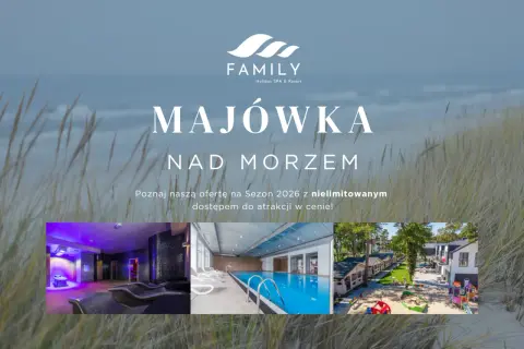 Dziwnówek noclegi blisko morza: Family Holiday SPA & Resort zaprasza na Majówkę 2026. Relaks w spa, basen i domki blisko plaży.