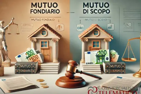 Confronto visivo tra mutuo fondiario e ipotecario: case, denaro e bilance della giustizia illustrano la differenza.