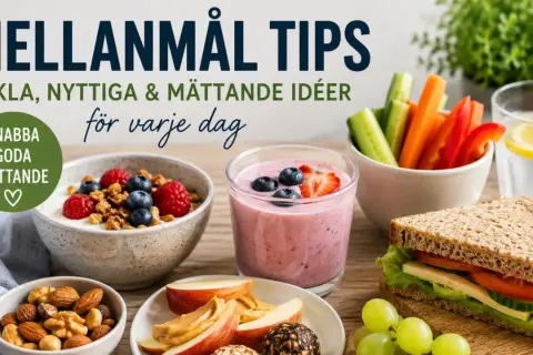 Här är tips på nyttiga mellanmål: yoghurt med bär, smoothie, grönsaksstavar, nötter, äppelklyftor med jordnötssmör och en macka.