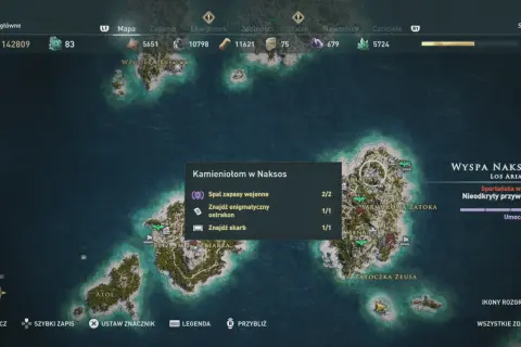 Mapa z Assassin's Creed Odyssey: Naksos, z zaznaczonymi celami misji "Kamieniołom w Naksos".