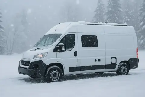 Furgoneta blanca en la nieve. Un deshumidificador sirve para mantener seco el interior, ideal para viajes en climas húmedos o fríos.