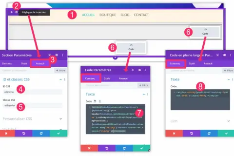 Interface de configuration d'un menu sticky. On voit les options avancées, le code CSS et JavaScript pour rendre le menu fixe.