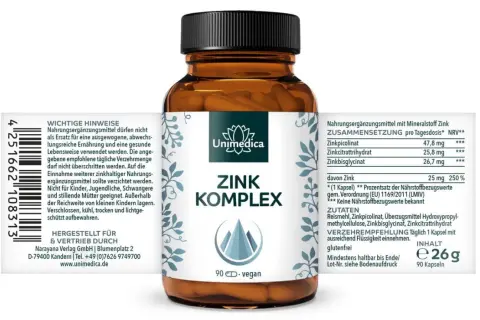 Zink Komplex Kapseln von Unimedica. Die Zinkpicolinat, Zinkcitrat und Zinkbisglycinat Wirkung wird hier hervorgehoben. 90 vegane Kapseln.