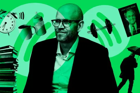 Daniel Ek, omgiven av symboler för tid, kunskap, familj och träning, med en bok av Jan Carlzon och en man med paraply i bakgrunden.