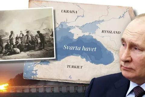 Putin blickar mot kartan över Svarta havet, med historiska bilder av soldater och en bro i brand.