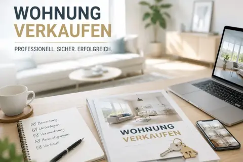 Eine professionelle Wohnung Beschreibung Beispiel: Checkliste für Bewertung, Unterlagen, Vermarktung, Besichtigungen und Verkauf. Schlüssel und Laptop liegen bereit.