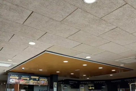 Techo celenit con paneles texturizados y luces empotradas, creando un ambiente moderno y acogedor.