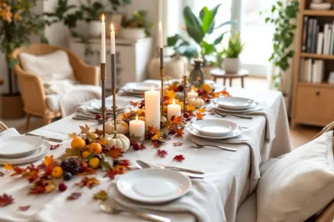 Idée pour comment décorer une nappe blanche : centre de table automnal avec citrouilles, feuilles, fruits et bougies.