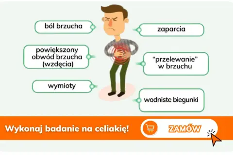 Ilustracja mężczyzny z bólem brzucha, otoczonego dymkami z objawami celiakii.