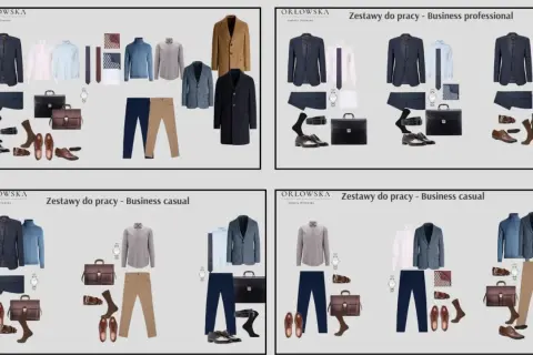 Styl business casual: propozycje zestawów z marynarkami, koszulami, spodniami, butami i aktówkami.