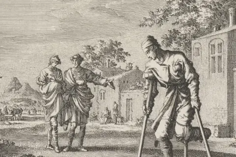 Gravure ancienne : un homme blessé sur béquilles, un autre lui parle. Une scène de cette photo histoire.