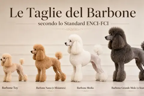 Quattro barboni di diverse taglie: Toy, Nano, Medio e Grande Mole. Il barbone medio bianco è elegante.