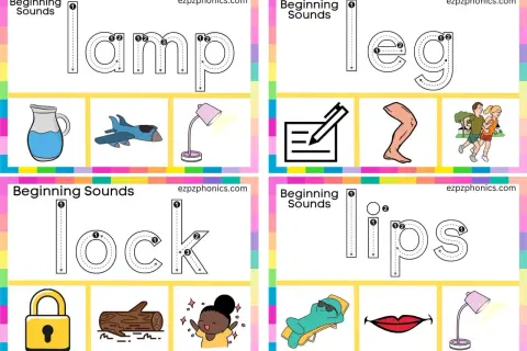 Ficha para practicar la **ficha letra l** con palabras como lamp, leg, lock y lips. Incluye imágenes de apoyo.
