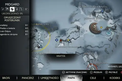Mapa z gry God of War Ragnarok. Widok na obszar Jezioro Dziewięciu w Midgardzie, z zaznaczonymi punktami i zadaniami.