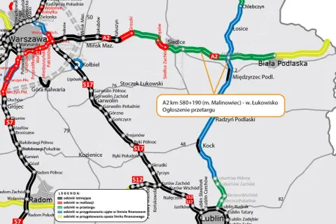 Mapa drogowa z zaznaczoną autostradą A2, drogami S17, S12, S7 i innymi. Widoczne miasta: Warszawa, Siedlce, Lublin, Radom.