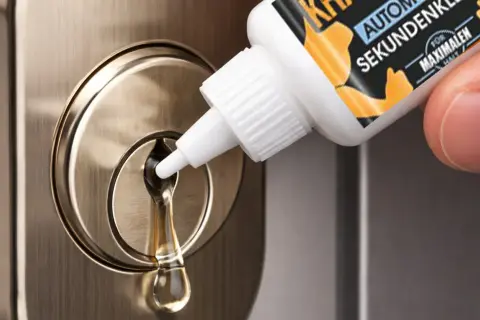 Une goutte de liquide s'écoule d'un flacon sur une serrure. Une astuce pour comment enlever de la colle dans une serrure.