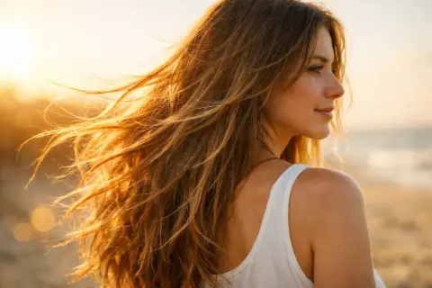 Una mujer con el pelo largo y castaño, que el sol aclara, mira hacia el horizonte en un día soleado.