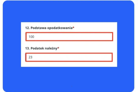 Formularz VAT-9M: podstawa opodatkowania 100, podatek należny 23.