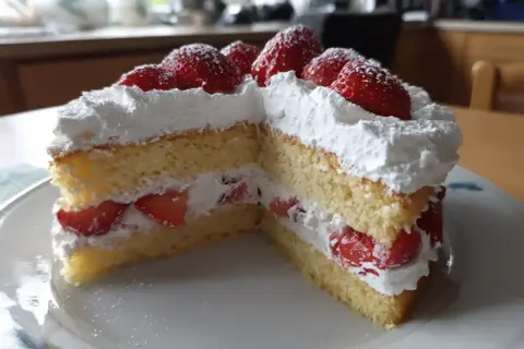 Enkel tårta med fluffig grädde och färska jordgubbar, perfekt för ett sommarfika.