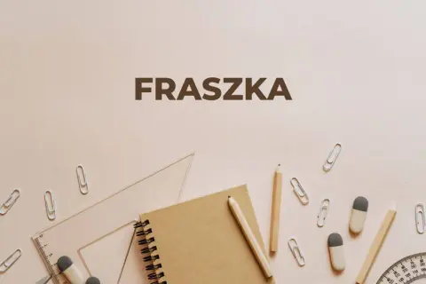 Przykładowe fraszki na tle przyborów szkolnych: zeszyt, ołówki, linijka, spinacze.