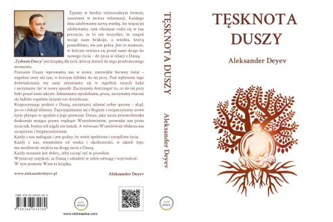Mężczyzna w swetrze siedzi na krześle, obok tytuł książki "Tęsknota Duszy". Czy dusza tęskni za nowym życiem?