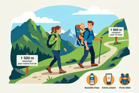 Un couple fait une randonnée avec bébé dans un porte-bébé, profitant des montagnes. Conseils pour la randonnée avec bébé.