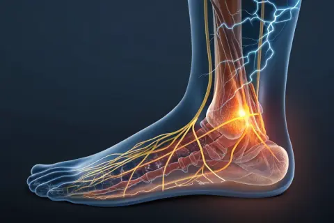 Rappresentazione anatomica dei nervi del piede, con scariche elettriche che indicano dolore o stimolazione.