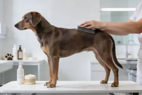 Un perro de raza mediana de pelo corto recibe un cepillado en un entorno de aseo.