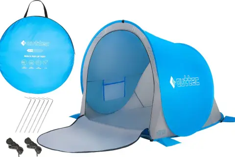 Namiot plażowy typu pop-up w kolorze niebieskim, rozłożony, z akcesoriami.