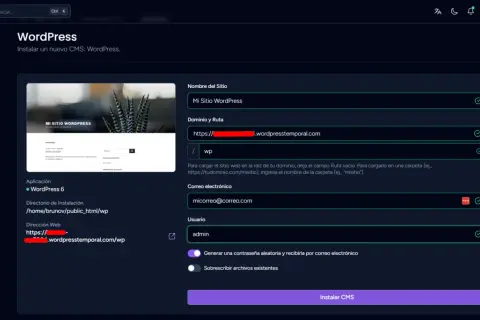 Configuración para como crear un blog en WordPress. Se ingresa el nombre del sitio, dominio, correo y usuario para instalar el CMS.
