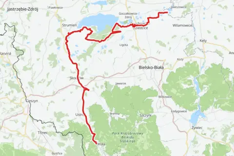 Trasa rowerowa wzdłuż Wisły, widoczna na mapie jako czerwona linia, prowadzi przez malownicze tereny od Jastrzębia-Zdroju, przez Jezioro Goczałkowickie, aż po okolice Bielska-Białej.