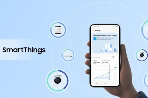 Un smartphone affiche l'application SmartThings Energy, montrant la consommation d'énergie. Un avis sur SmartThings qui met en avant la gestion de l'énergie domestique.