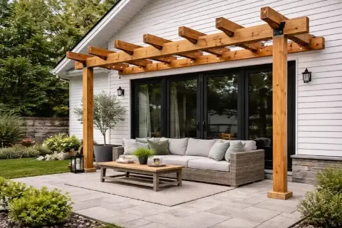 En nybyggd träpergola ger skugga och mysbelysning till en befintlig altan med soffgrupp och soffbord.