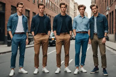 Pięciu mężczyzn w casualowych stylizacjach, prezentujących różne sposoby, jak podwinąć spodnie, aby uzyskać modny wygląd.