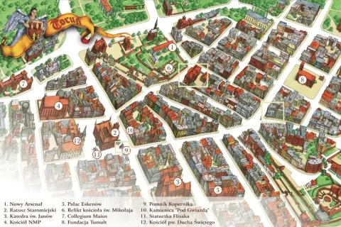 Ilustrowana mapa Torunia z zaznaczonymi atrakcjami, m.in. Ratuszem Staromiejskim i Katedrą św. Janów.