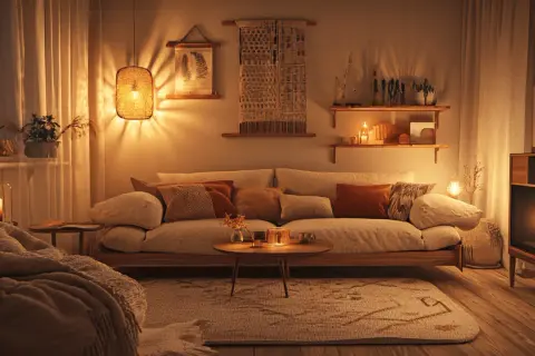 Gemütliches Wohnzimmer mit warmem Licht, Kissen und Kerzen – ein Beispiel für aktuelle **interior trends**.