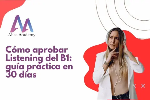 Mujer con auriculares, pensando en cómo mejorar su listening B1. Guía práctica en 30 días.