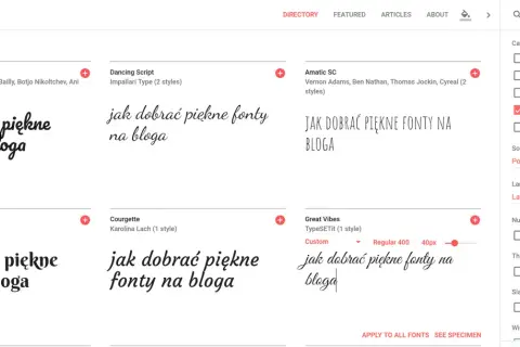 Strona Google Fonts prezentuje różne fonty, w tym "Pacifico" i "Dancing Script", z przykładem tekstu "jak dobrać piękne fonty na bloga".
