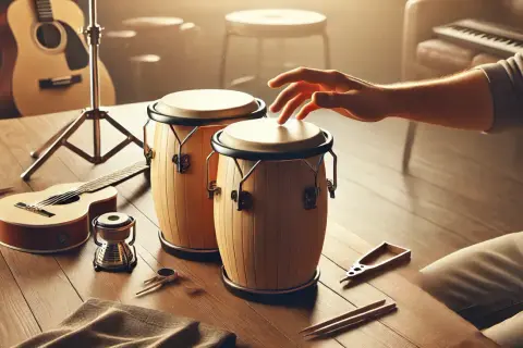 Dłoń dotyka bongosów, obok gitara i pałeczki. Muzyczna sesja w toku.