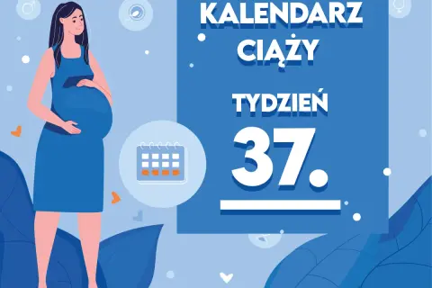 Kiedy ciąża jest donoszona, 37. tydzień to już blisko! Ilustracja przedstawia uśmiechniętą ciężarną kobietę i kalendarz.