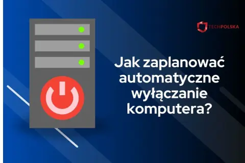 Grafika z ikoną komputera i przyciskiem zasilania. Tekst: "Jak zaplanować automatyczne wyłączanie komputera?". Dowiedz się, jak użyć komendy na wyłączenie komputera po czasie.