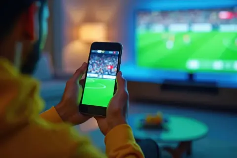 Mężczyzna trzyma telefon, na którym widać boisko piłkarskie. Obok niego włączony telewizor wyświetla ten sam mecz. To pokazuje, jak połączyć telefon z telewizorem, by oglądać sport na dużym ekranie.