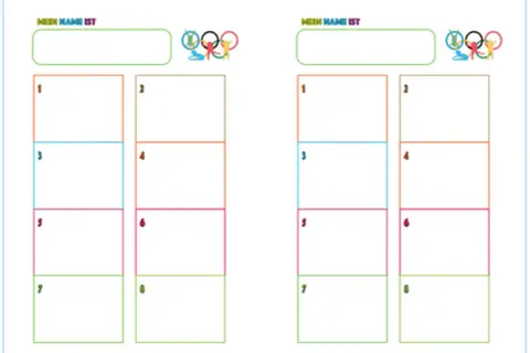 Zwei Vorlagen für Mini Olympiade Spiele mit Feldern zum Eintragen von Namen und Ergebnissen, dekoriert mit olympischen Ringen und kleinen Figuren.