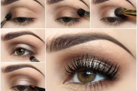Étapes pour un maquillage soirée : application d'ombres à paupières, d'eye-liner et de mascara pour un regard intense.