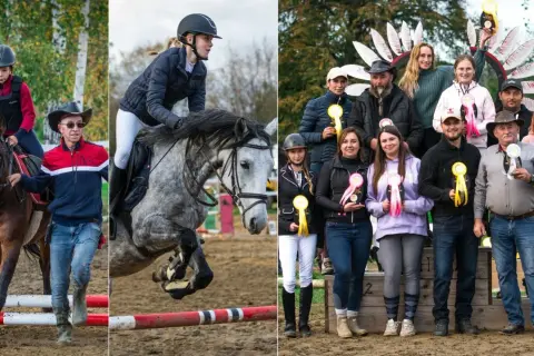 JKS Stajnia pod Skowronkiem świętuje sukcesy. Dzieci i dorośli z medalami po zawodach jeździeckich.
