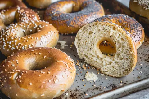 Färska bagels med sesamfrön och vallmofrön, redo att avnjutas. Ett perfekt bagels recept för hemmabruk.