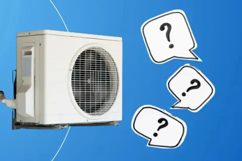 Unité extérieure de pompe à chaleur air eau. Des bulles de dialogue avec des points d'interrogation suggèrent des questions sur les avis.