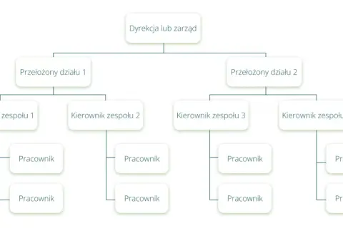 Schemat przedstawia strukturę organizacyjną firmy: Dyrekcja, Przełożeni działów, Kierownicy zespołów i Pracownicy.
