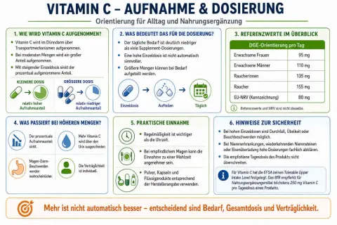 Infografik zu Vitamin C: Aufnahme, Dosierung, Referenzwerte (z.B. 95 mg für Frauen), praktische Einnahme und Sicherheitshinweise. Mehr ist nicht automatisch besser – entscheidend sind Bedarf, Gesamtdosis und Verträglichkeit.