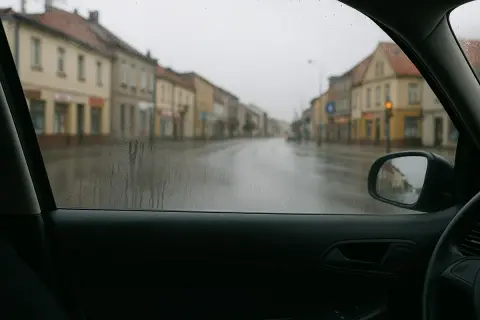 Widok z wnętrza samochodu na deszczową ulicę. Krople na szybie i wilgoć w samochodzie utrudniają widoczność.